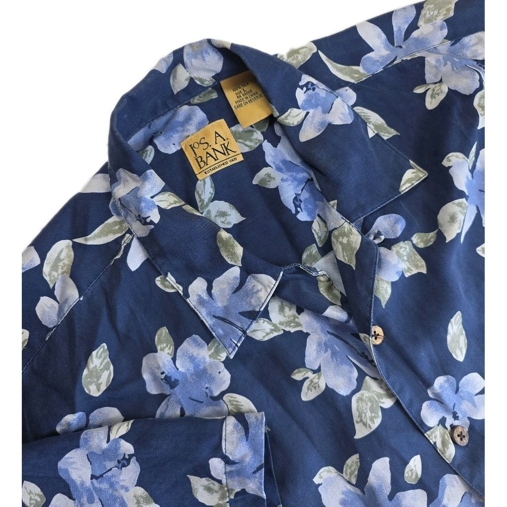 Jos. A. Bank 100% Silk Hawaiian Shirt Large Blue Floral short sleeve